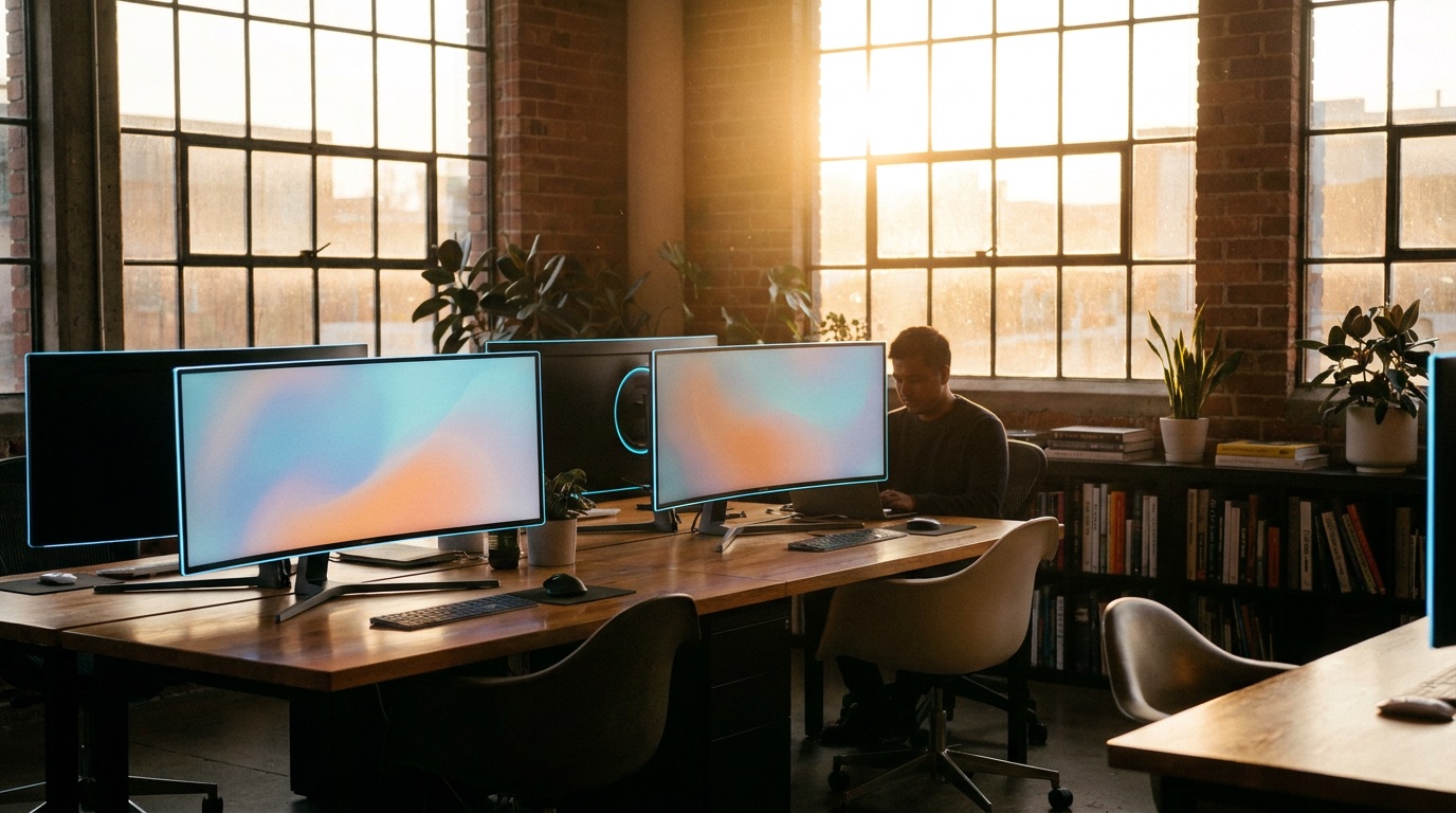 Studio kreatif Folkastudio saat golden hour dengan layar yang menyala